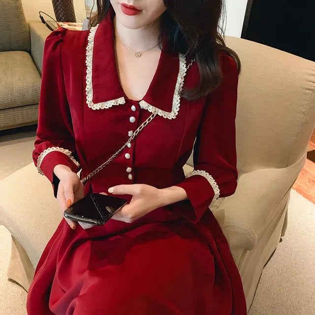 GlamourGloed Festliche Damenmode Lange Rote Hemdblusenkleid