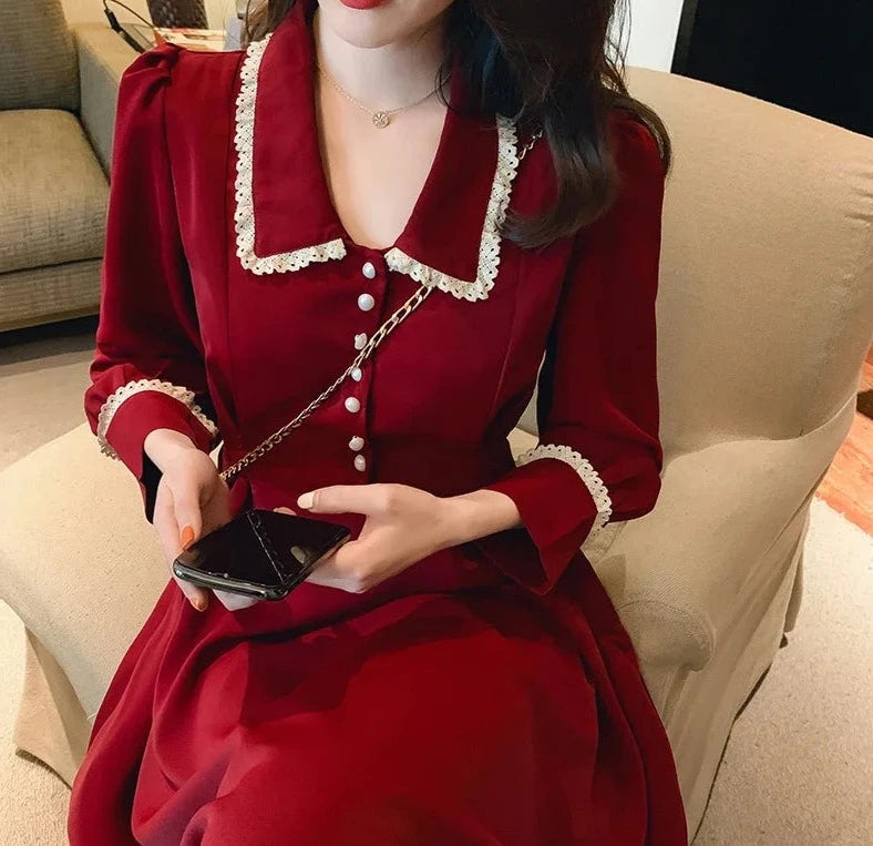 GlamourGloed Festliche Damenmode Lange Rote Hemdblusenkleid