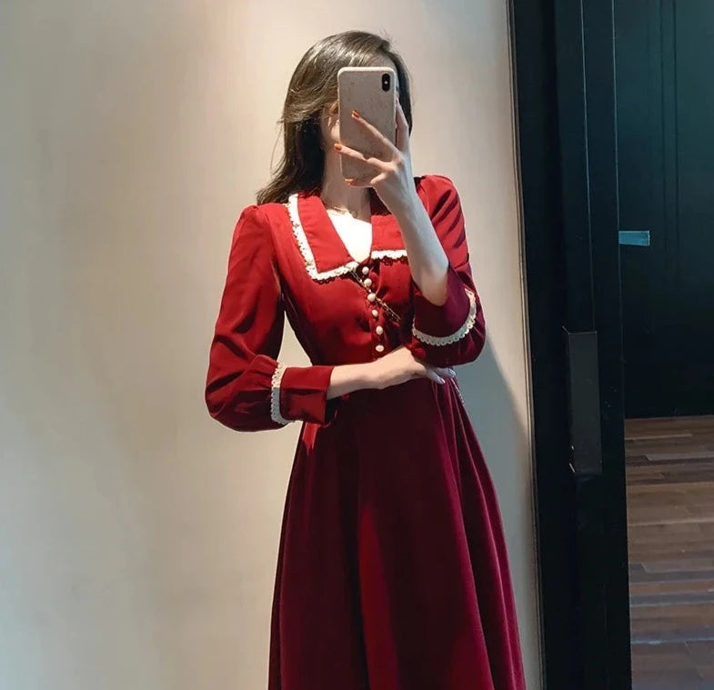 GlamourGloed Festliche Damenmode Lange Rote Hemdblusenkleid
