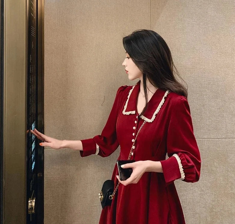GlamourGloed Festliche Damenmode Lange Rote Hemdblusenkleid