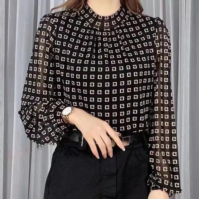 Spring Fashion: Plaid Fashion Printed T-shirt with Half-high Collar