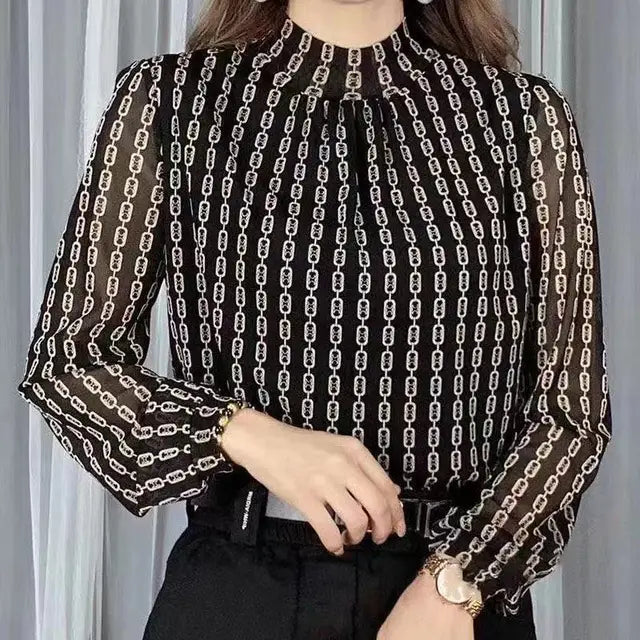Spring Fashion: Plaid Fashion Printed T-shirt with Half-high Collar