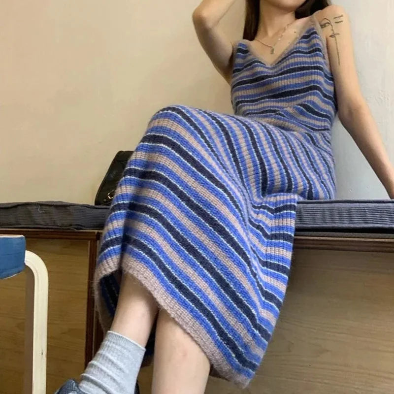Trendy Striped Knitted Spaghetti Strap Dress