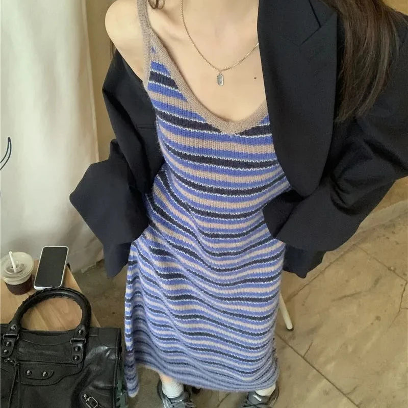 Trendy Striped Knitted Spaghetti Strap Dress