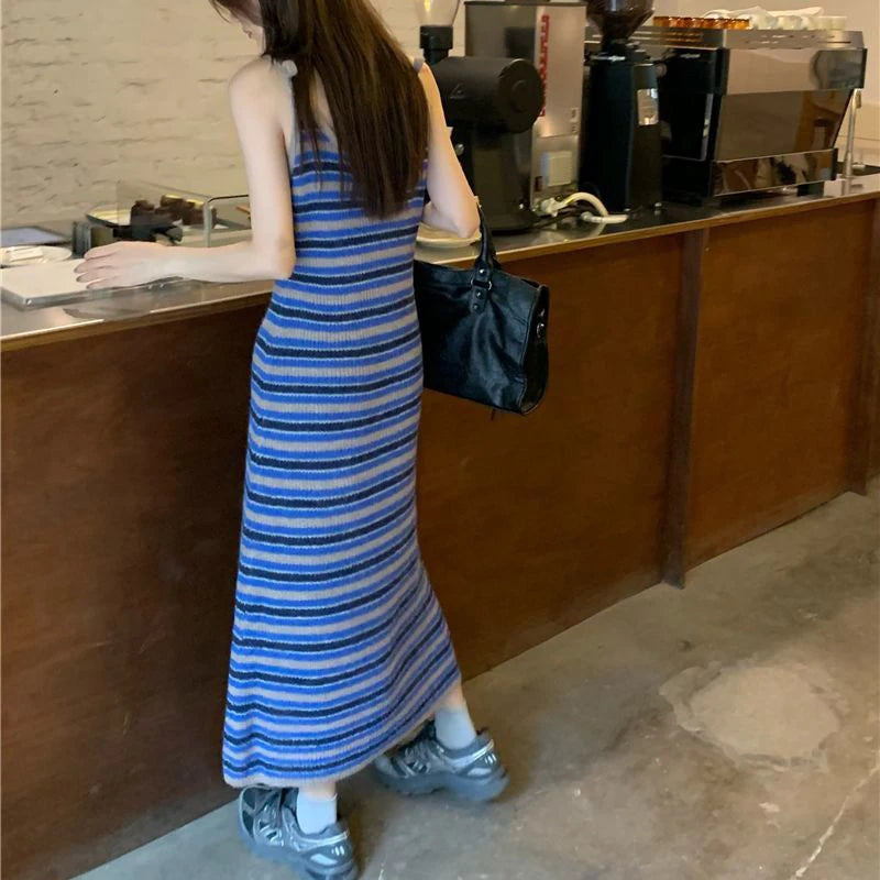 Trendy Striped Knitted Spaghetti Strap Dress