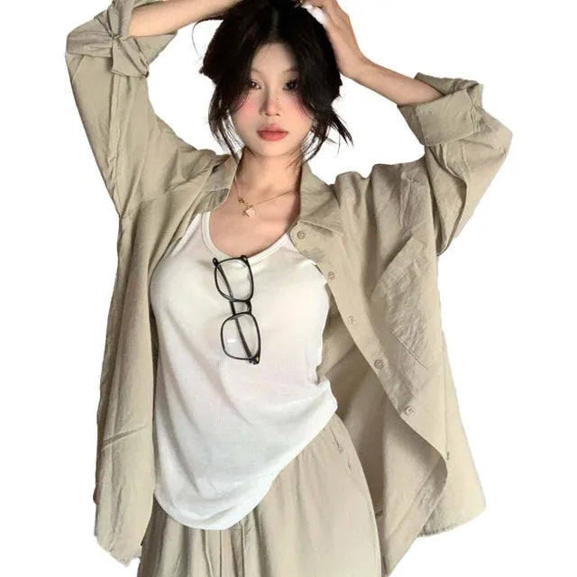 Zomerbries Camicia Giacca in Cotone Lino Kaki