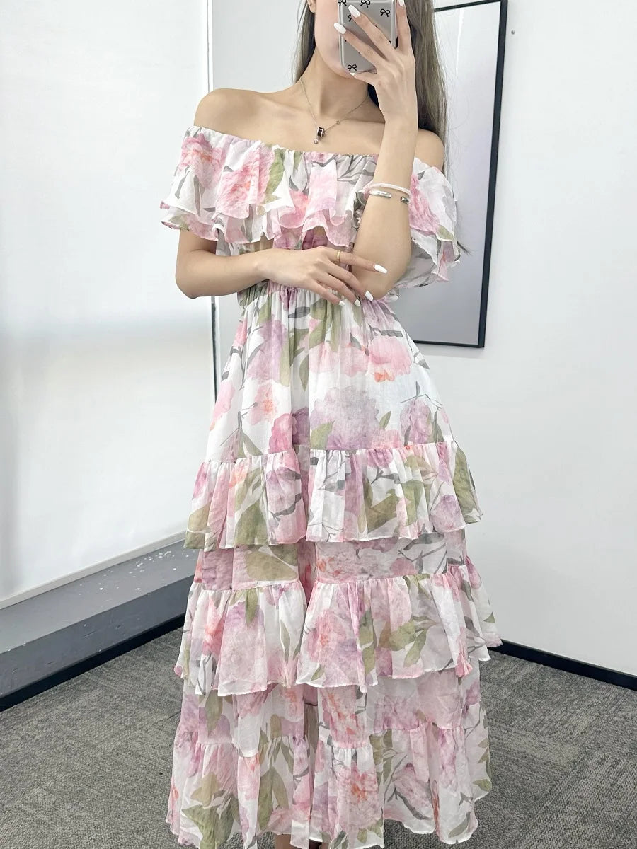 BloesemBelle's Zomerse Flora's Chiffon Bloemenjurk met Ruches en Cake Jurk Bra