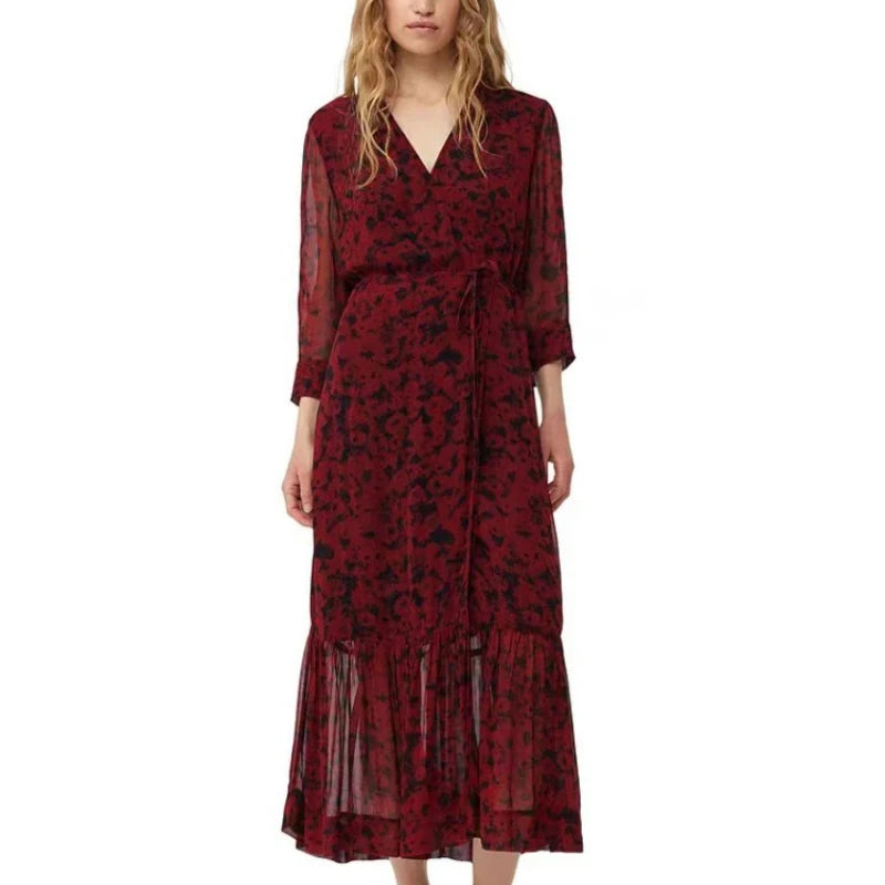 Bloesem Pracht Rotes Blumenmuster Kleid mit Gewellten Schnürsenkeln