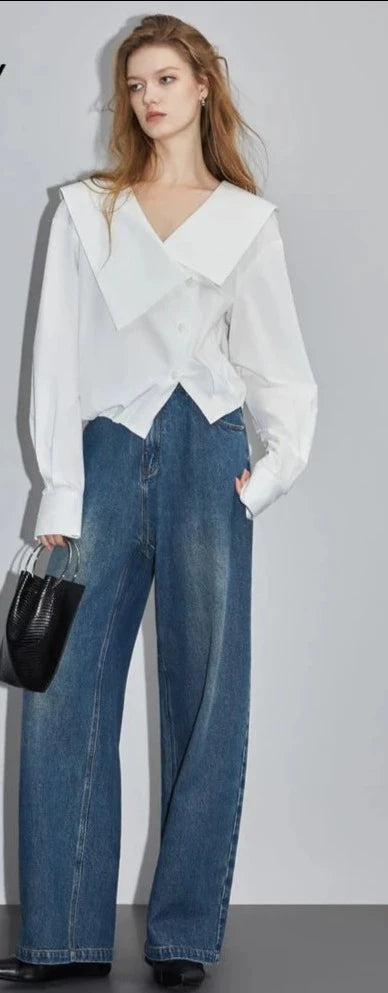 Elegante Camicia Bianca in Cotone a Manica Lunga da Ufficio Estivo per Donna