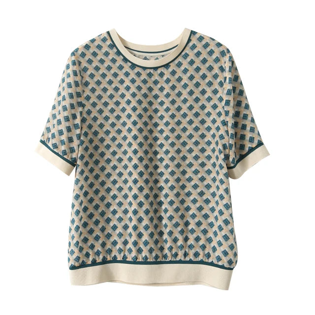 Zomerse Checkered Printed IJs Zijde T-Shirt voor Vrouwen