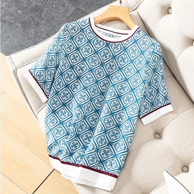 Zomerse Checkered Printed IJs Zijde T-Shirt voor Vrouwen