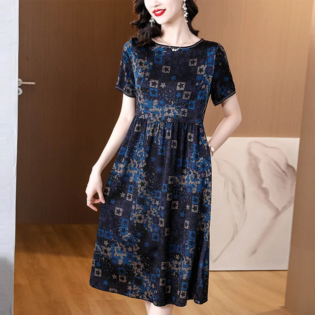 Stylish Breeze Silk Satin Summer Dress with Vintage Print