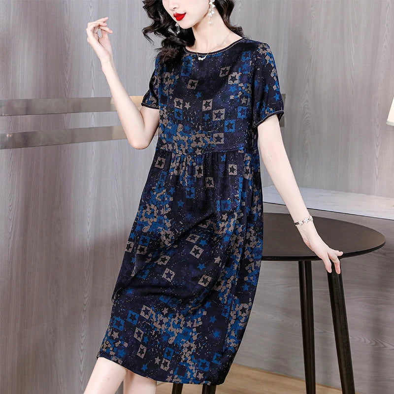 Stylish Breeze Silk Satin Summer Dress with Vintage Print