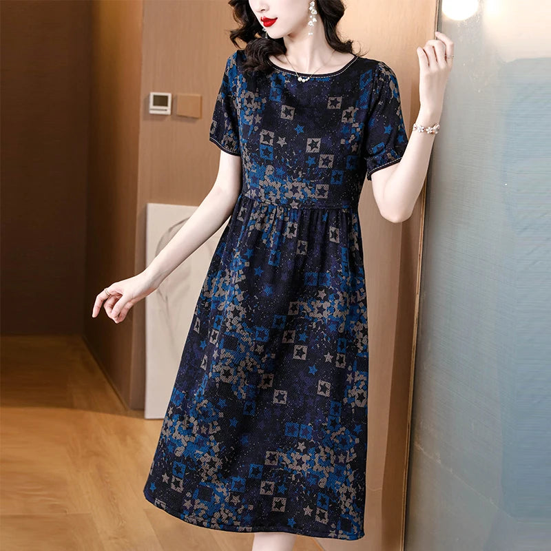 Stylish Breeze Silk Satin Summer Dress with Vintage Print