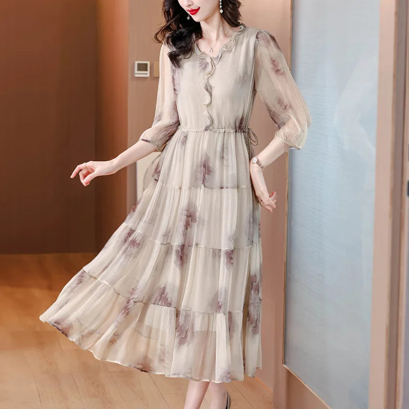 Zonnestraal Mode Seiden V-Ausschnitt Sommerkleid für Damen