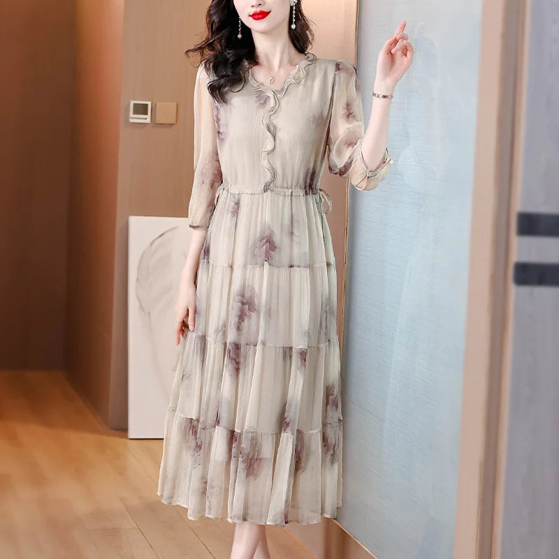 Zonnestraal Mode Seiden V-Ausschnitt Sommerkleid für Damen