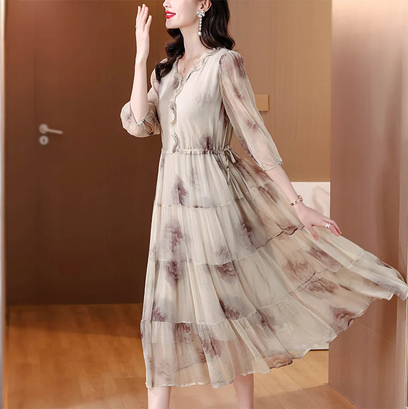Zonnestraal Mode Seiden V-Ausschnitt Sommerkleid für Damen