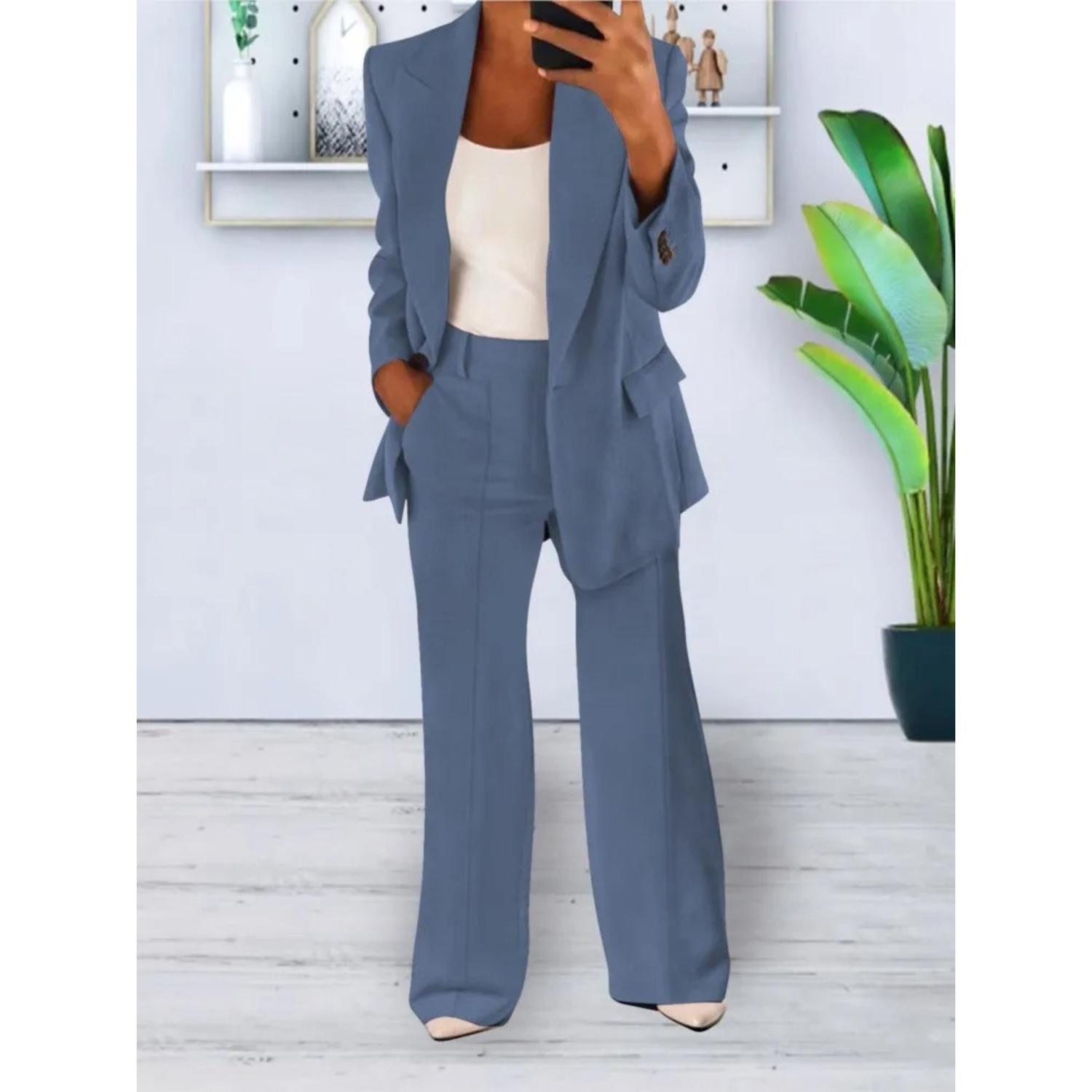 VELANORA locker sitzender einfarbiger lässiger Blazer mit Tasche und Hosen-Set