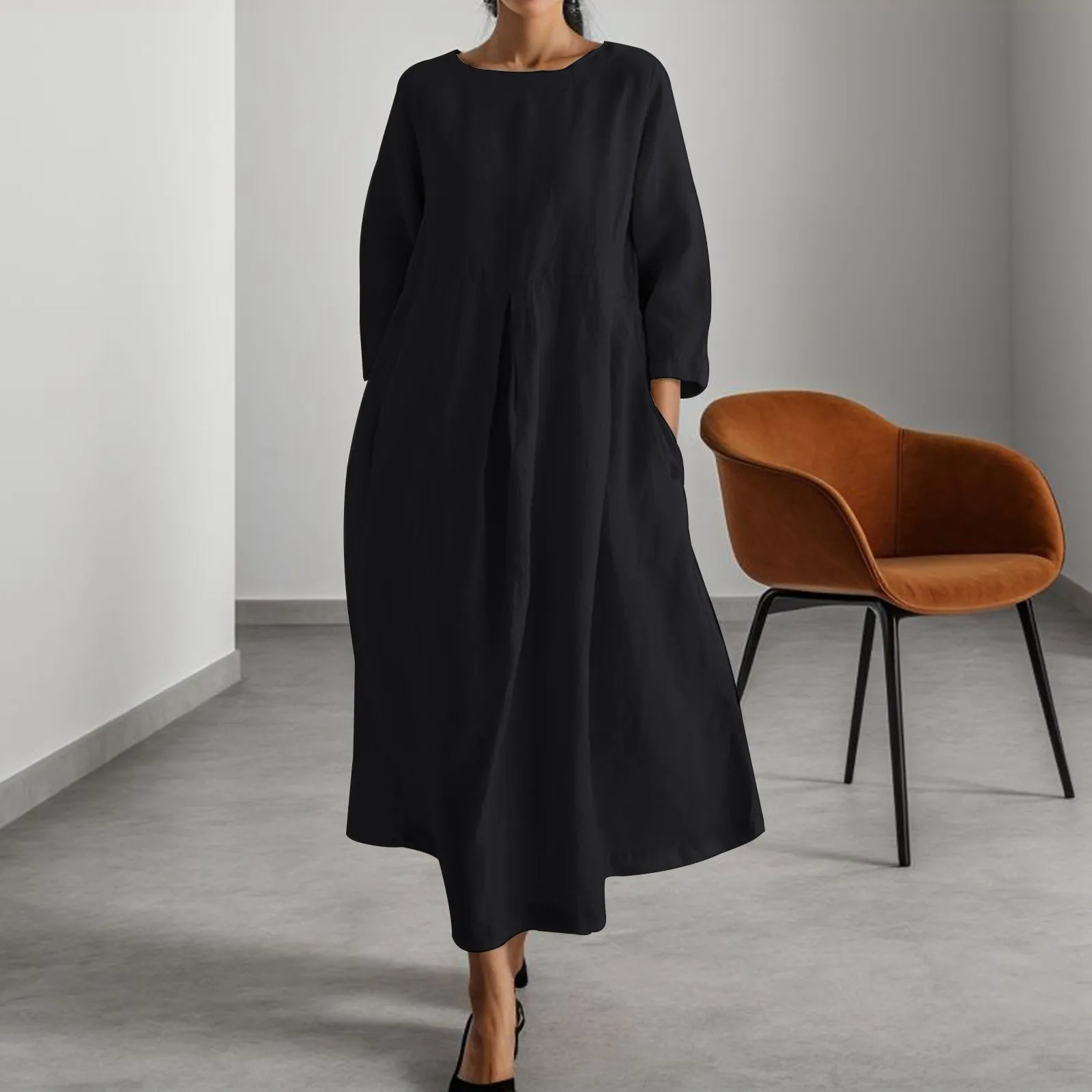 VELANORA Vestito di Lino Verde con Scollo Rotondo