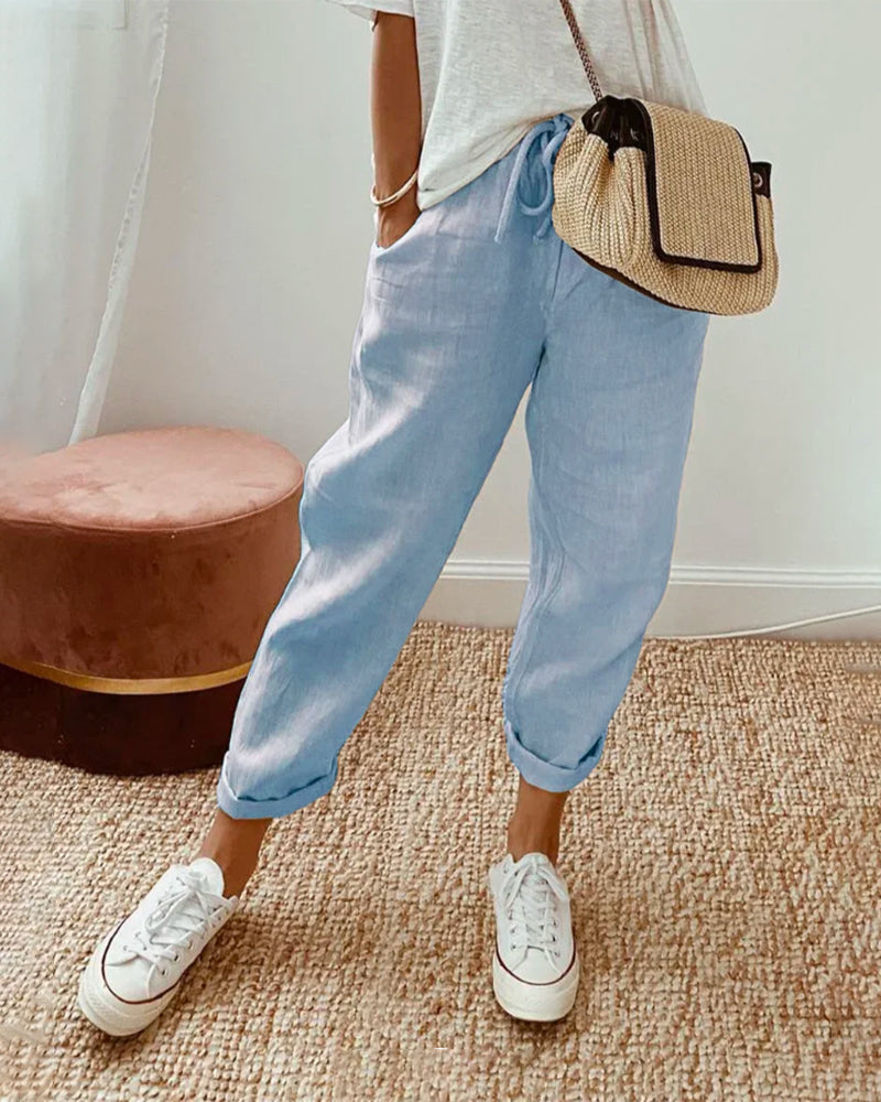 VELANORA Pantaloni Comodi in Cotone e Lino con Tasche