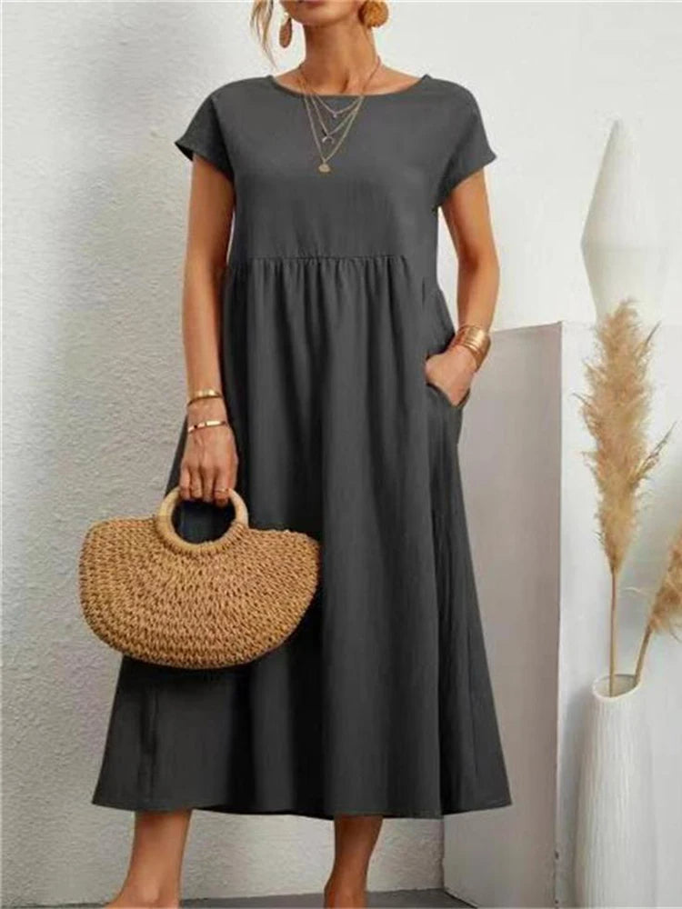 VELANORA Elegant black linen dress with o-neck