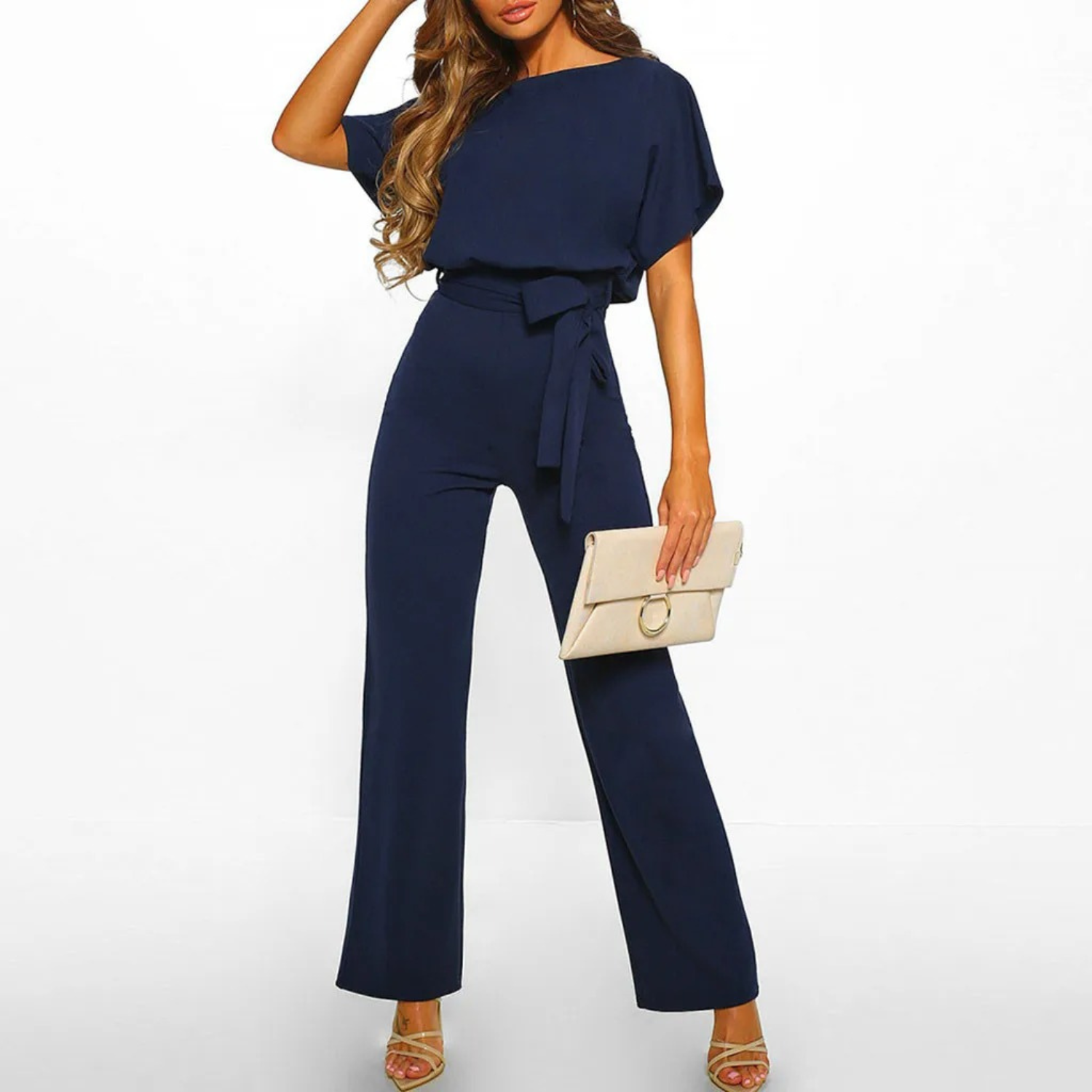 VELANORA roter O-Ausschnitt einfache hohe Taille Hose Jumpsuit