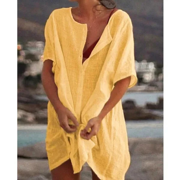 Velanora vestito in lino di cotone con scollo rotondo