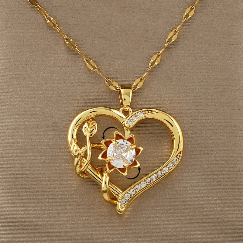 Ontspannende 360° Draaibare Hartvormige Bloem Zonnebloem Hanger Ketting