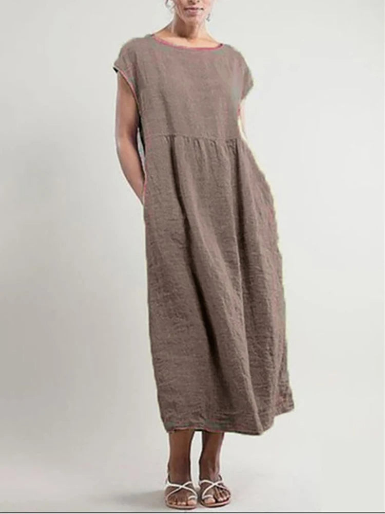 VELANORA Elegant black linen dress with o-neck