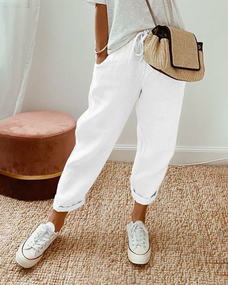 VELANORA Pantaloni Comodi in Cotone e Lino con Tasche