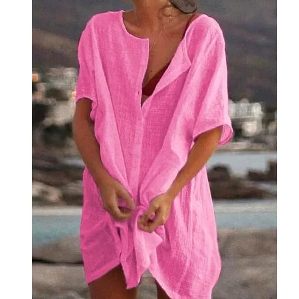 Velanora vestito in lino di cotone con scollo rotondo