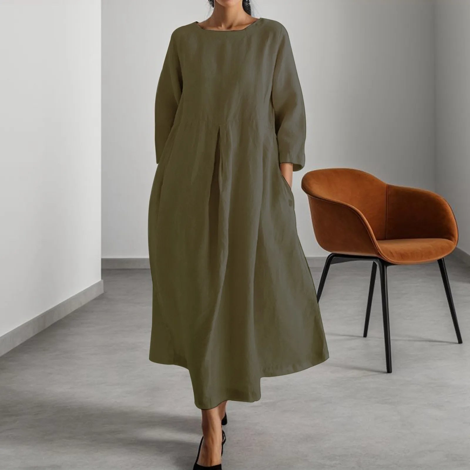 VELANORA Vestito di Lino Verde con Scollo Rotondo