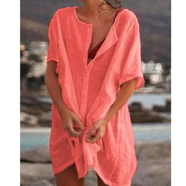 Velanora vestito in lino di cotone con scollo rotondo