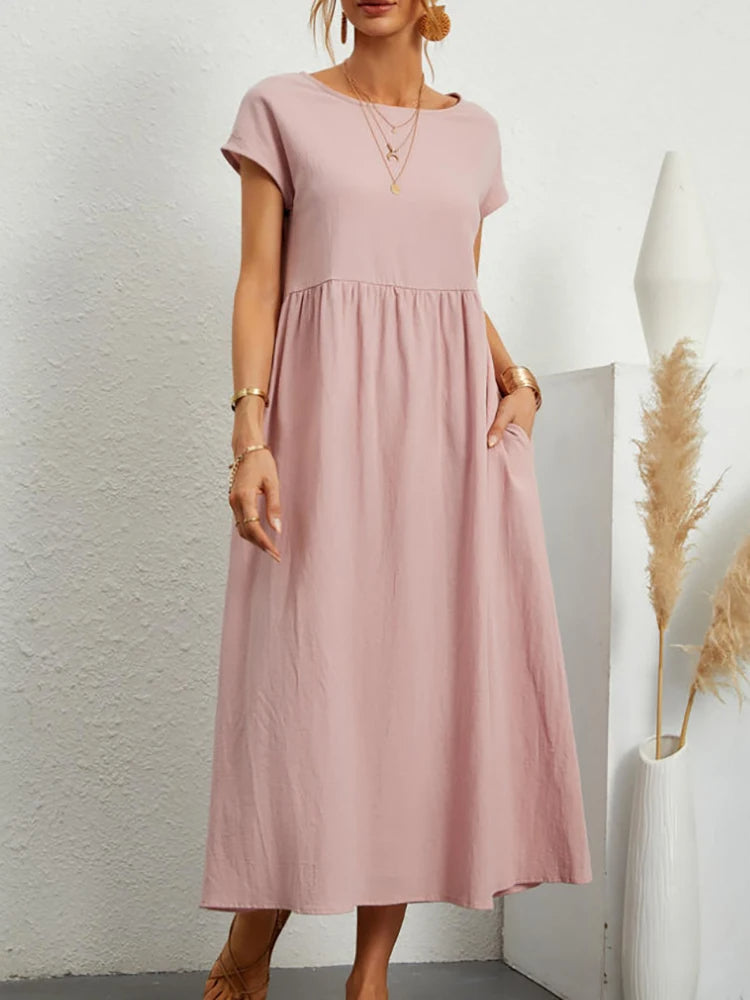 VELANORA Elegant black linen dress with o-neck