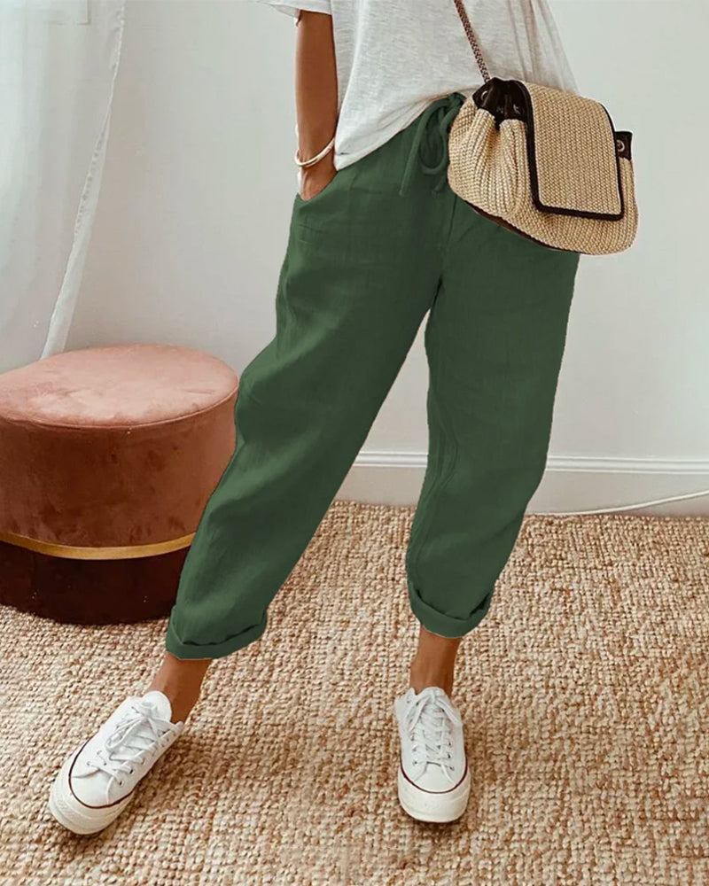 VELANORA Pantaloni Comodi in Cotone e Lino con Tasche