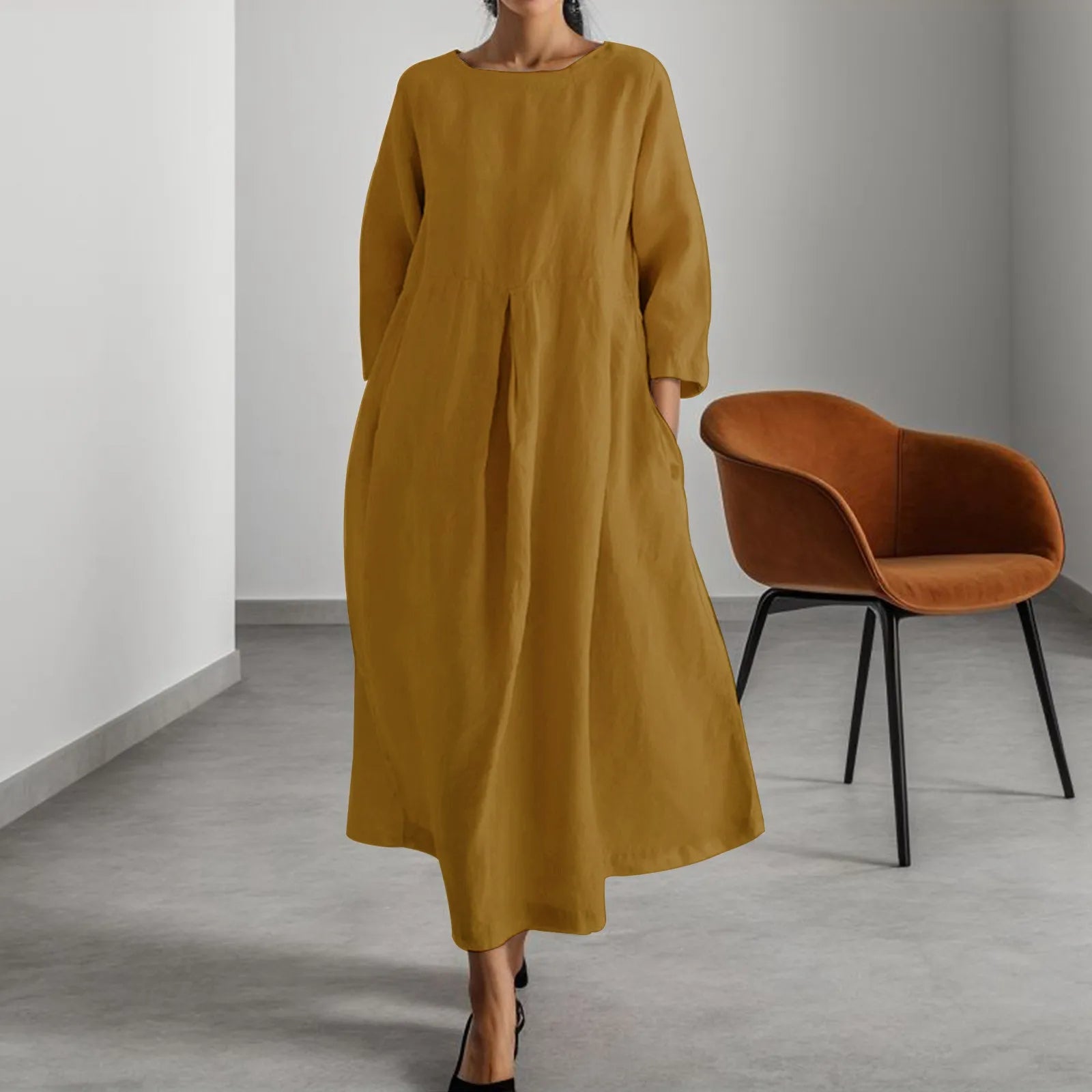 VELANORA Vestito di Lino Verde con Scollo Rotondo