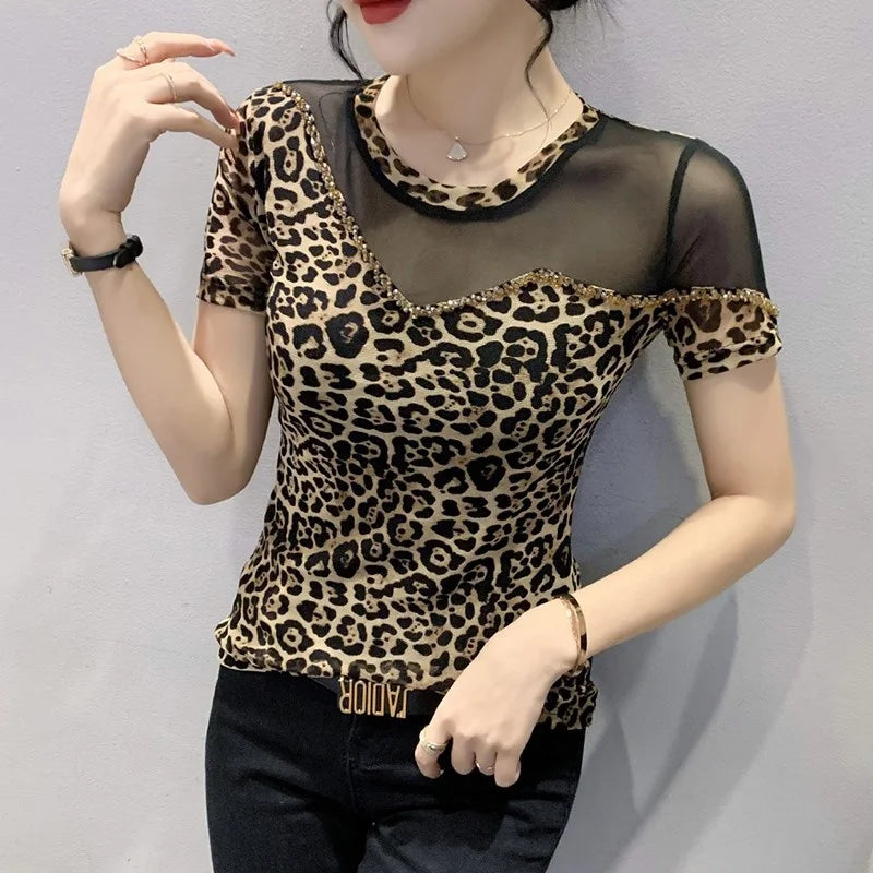Sommer Leoparden Mesh T-Shirt für Frauen