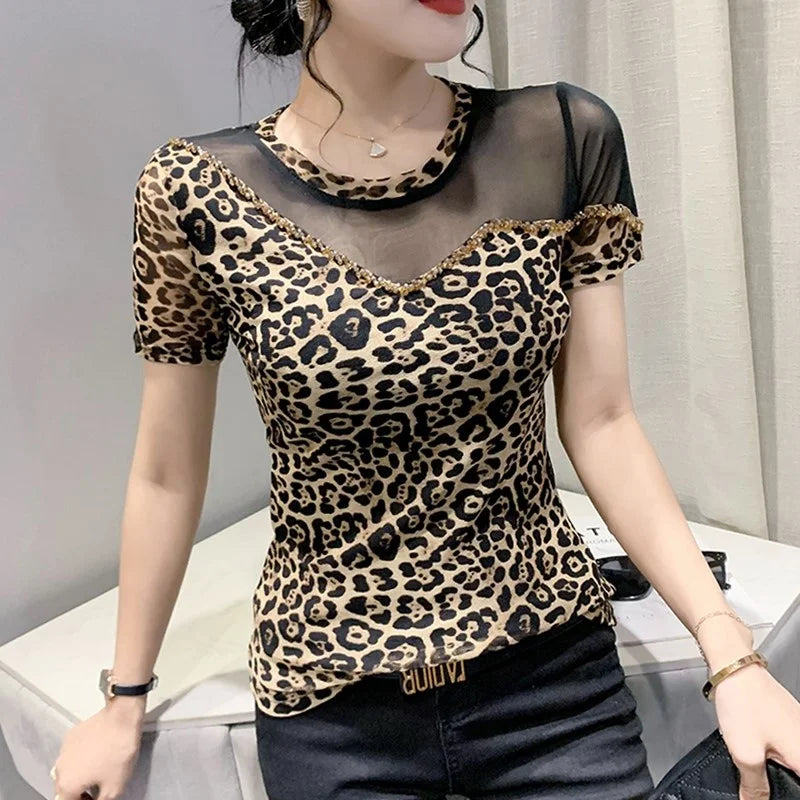 T-shirt a rete Zomer Luipaard per donne