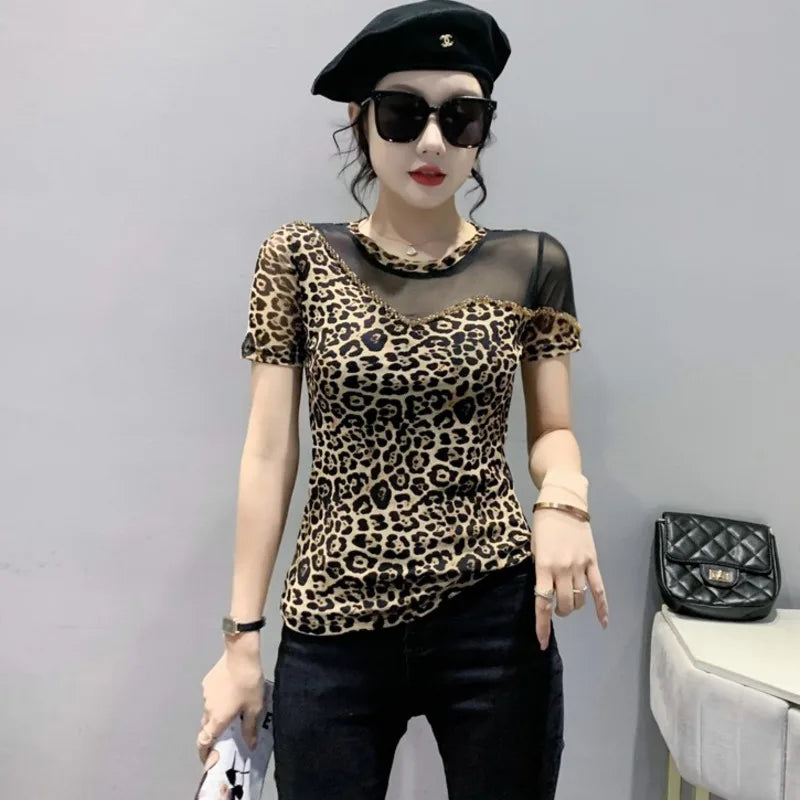 T-shirt a rete Zomer Luipaard per donne