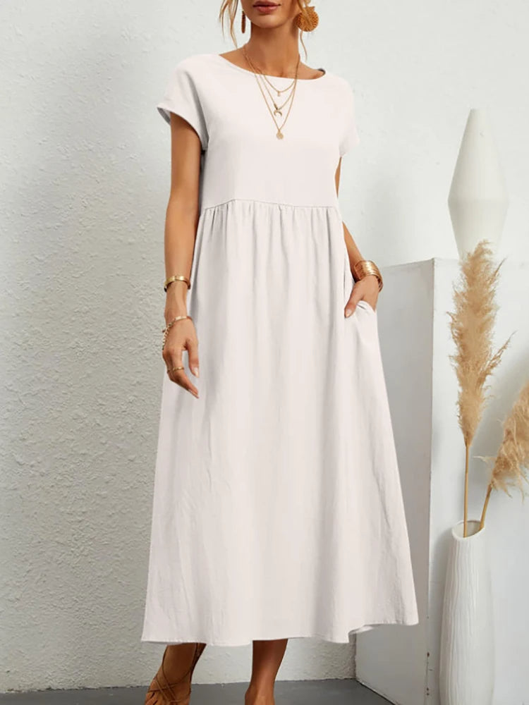 VELANORA Elegant black linen dress with o-neck