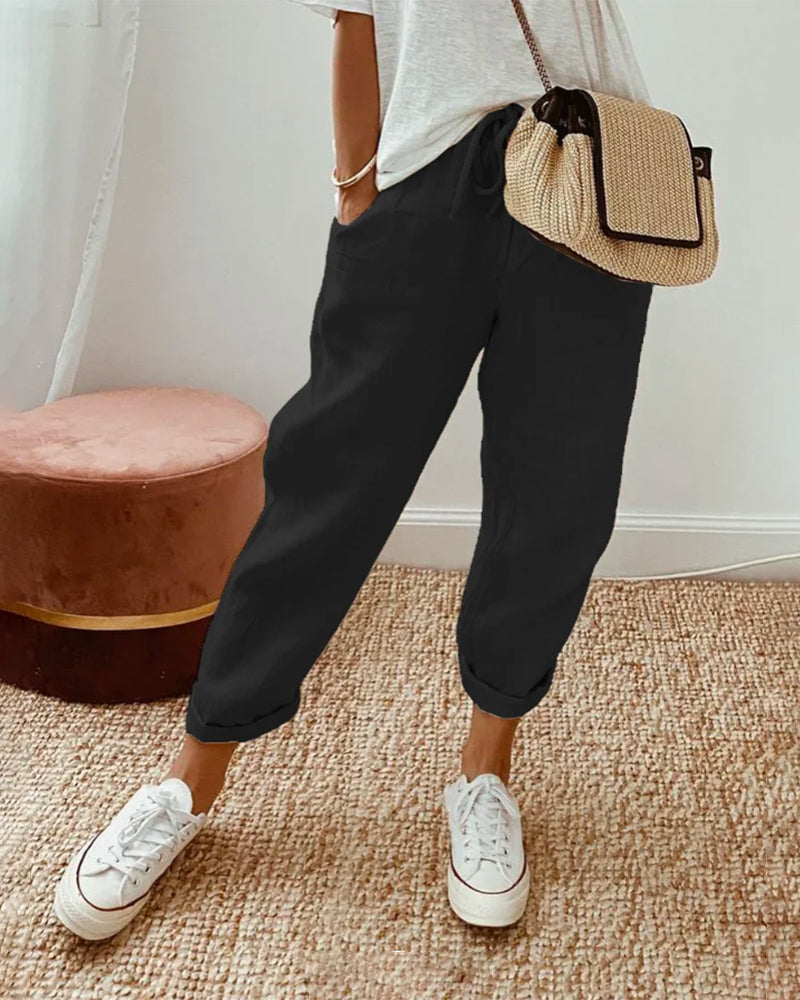 VELANORA Pantaloni Comodi in Cotone e Lino con Tasche