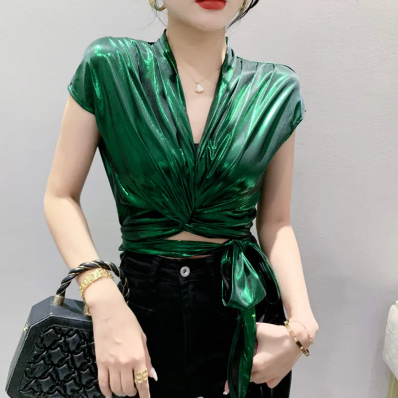 GlamorousGlow Shiny Sleeveless T-Shirt