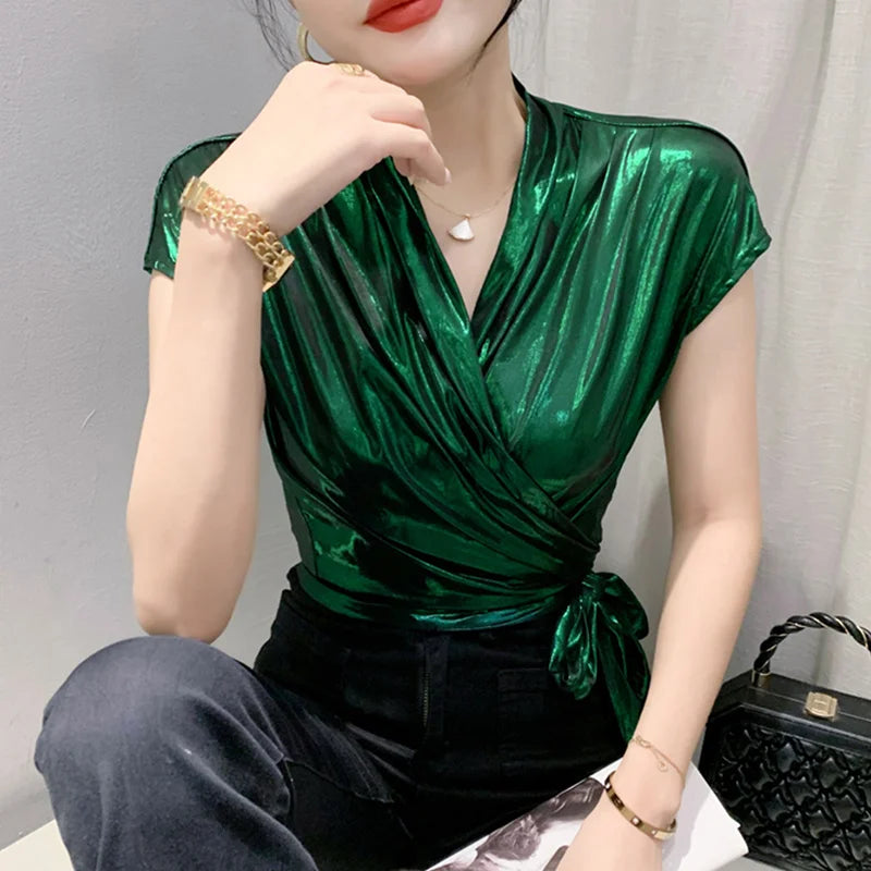 GlamorousGlow Shiny Sleeveless T-Shirt