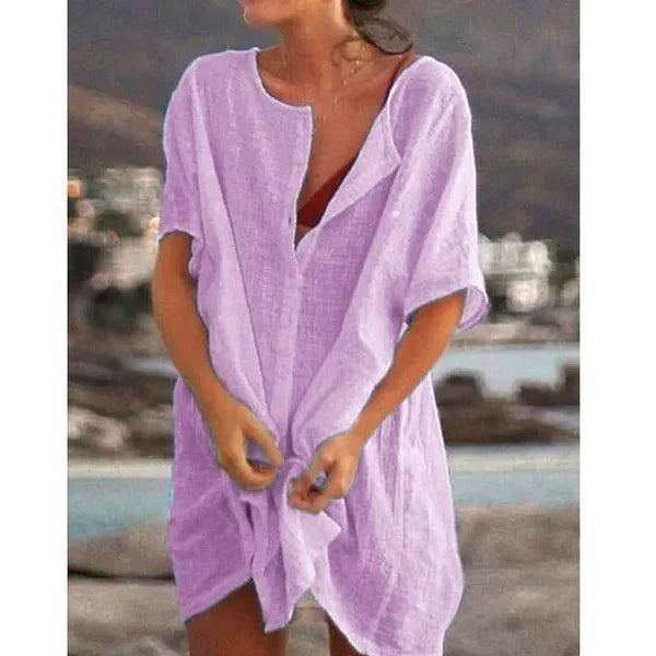 Velanora vestito in lino di cotone con scollo rotondo