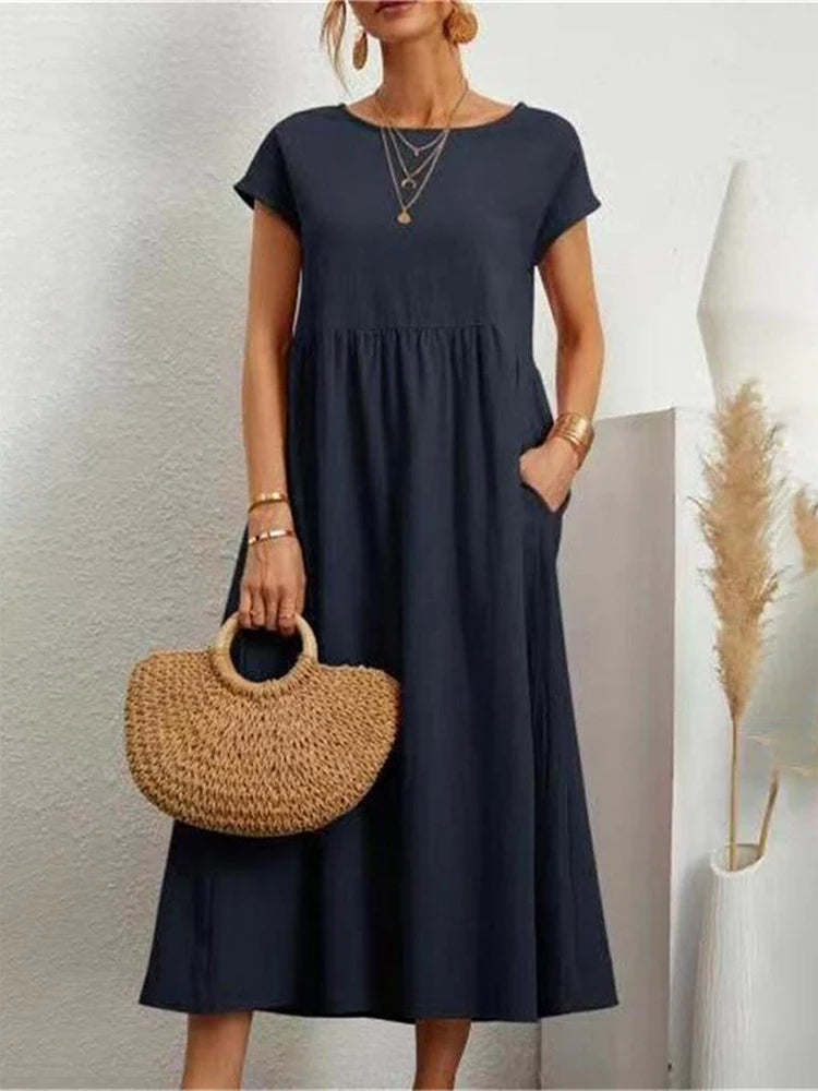 VELANORA Elegant black linen dress with o-neck
