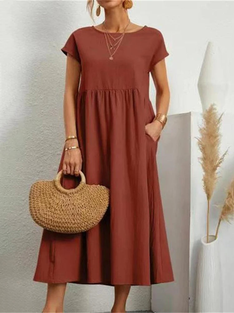 VELANORA Elegant black linen dress with o-neck