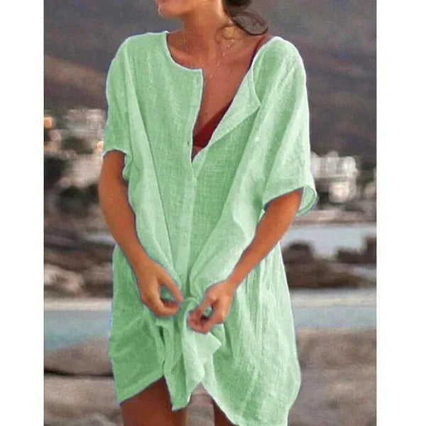 Velanora vestito in lino di cotone con scollo rotondo
