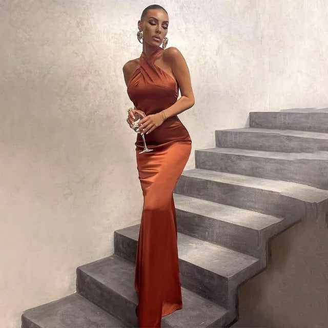 VELANORA Abito Maxi in Raso con Spalline Incrociate