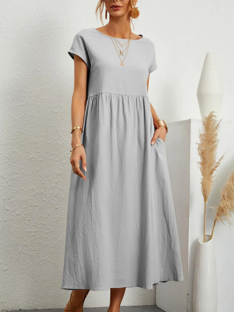 VELANORA Elegant black linen dress with o-neck