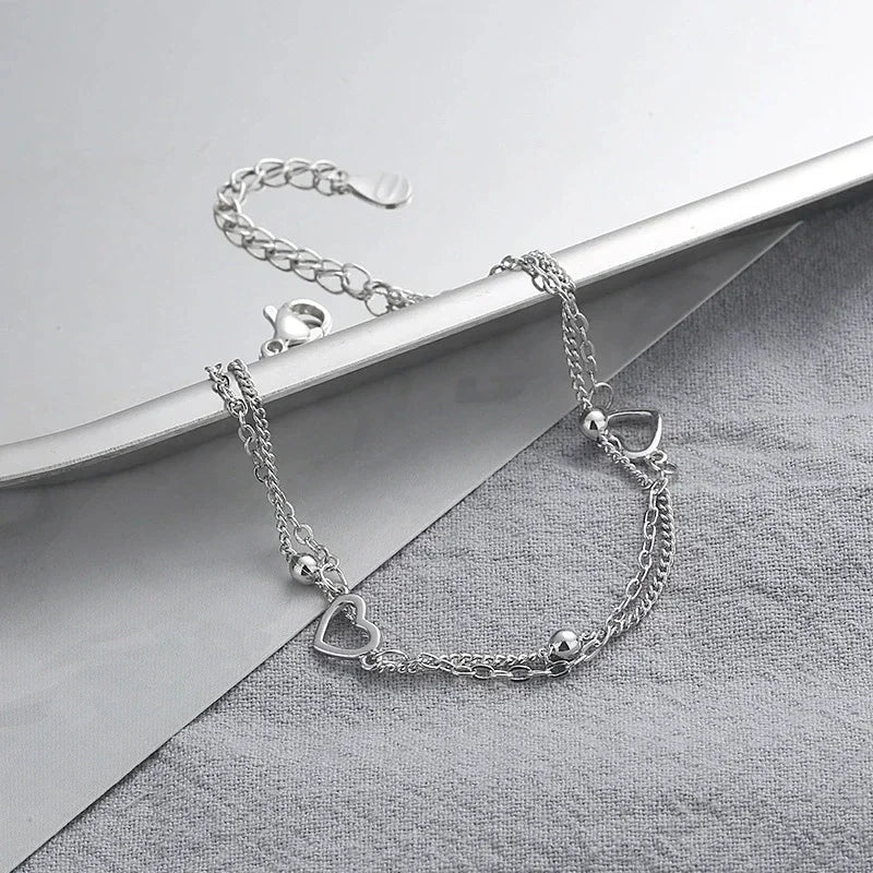 Betoverende 925 Sterling Zilveren Dubbele Liefde Hart Holle Ronde Kralen Armband